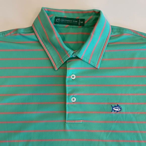 Southern Tide Club Mimosa Hills Green & Orange Striped Polo, M - Picture 1 of 8
